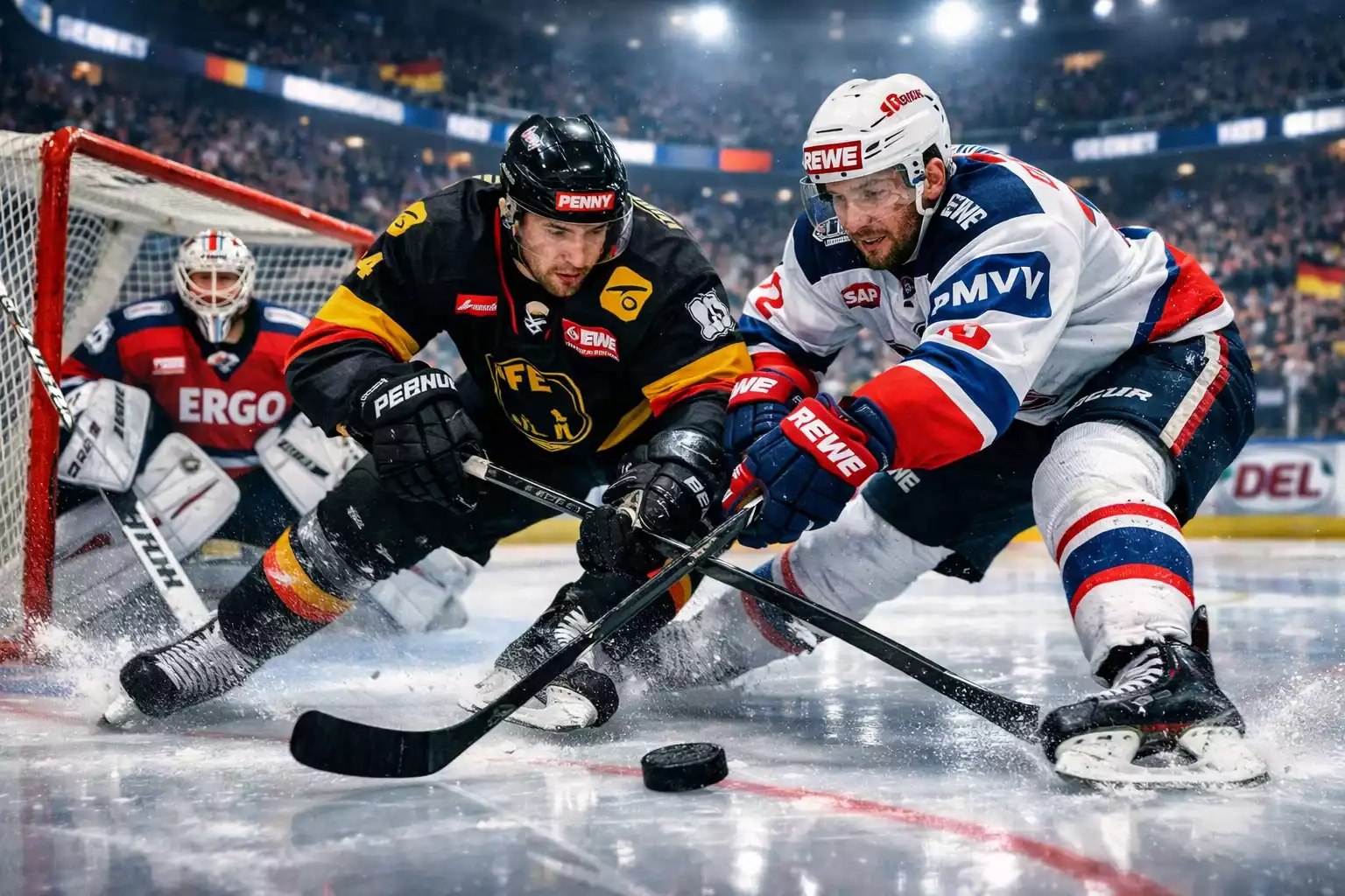 Spannender Moment eines DEL-Eishockeyspiels mit zwei Spielern im Zweikampf um den Puck