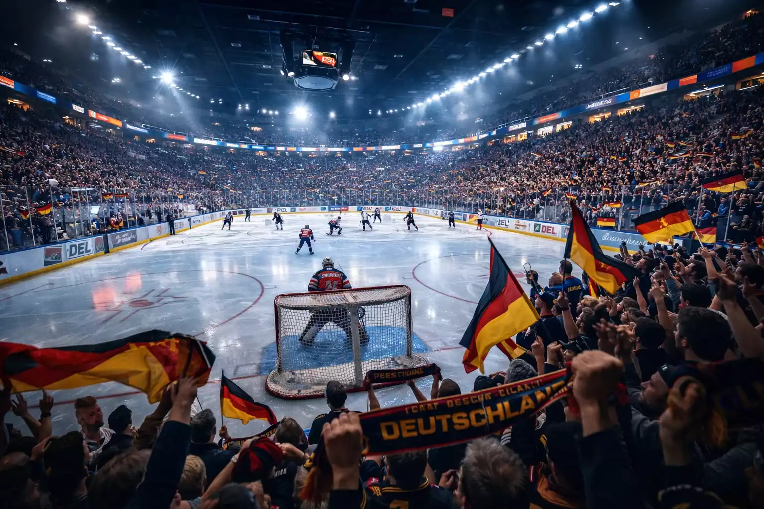 Eishockeyarena mit begeisterten Fans auf den Tribünen während eines Heimspiels
