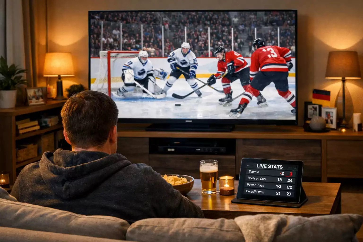 Person schaut ein Eishockeyspiel auf dem Fernseher und verfolgt Statistiken auf einem Tablet