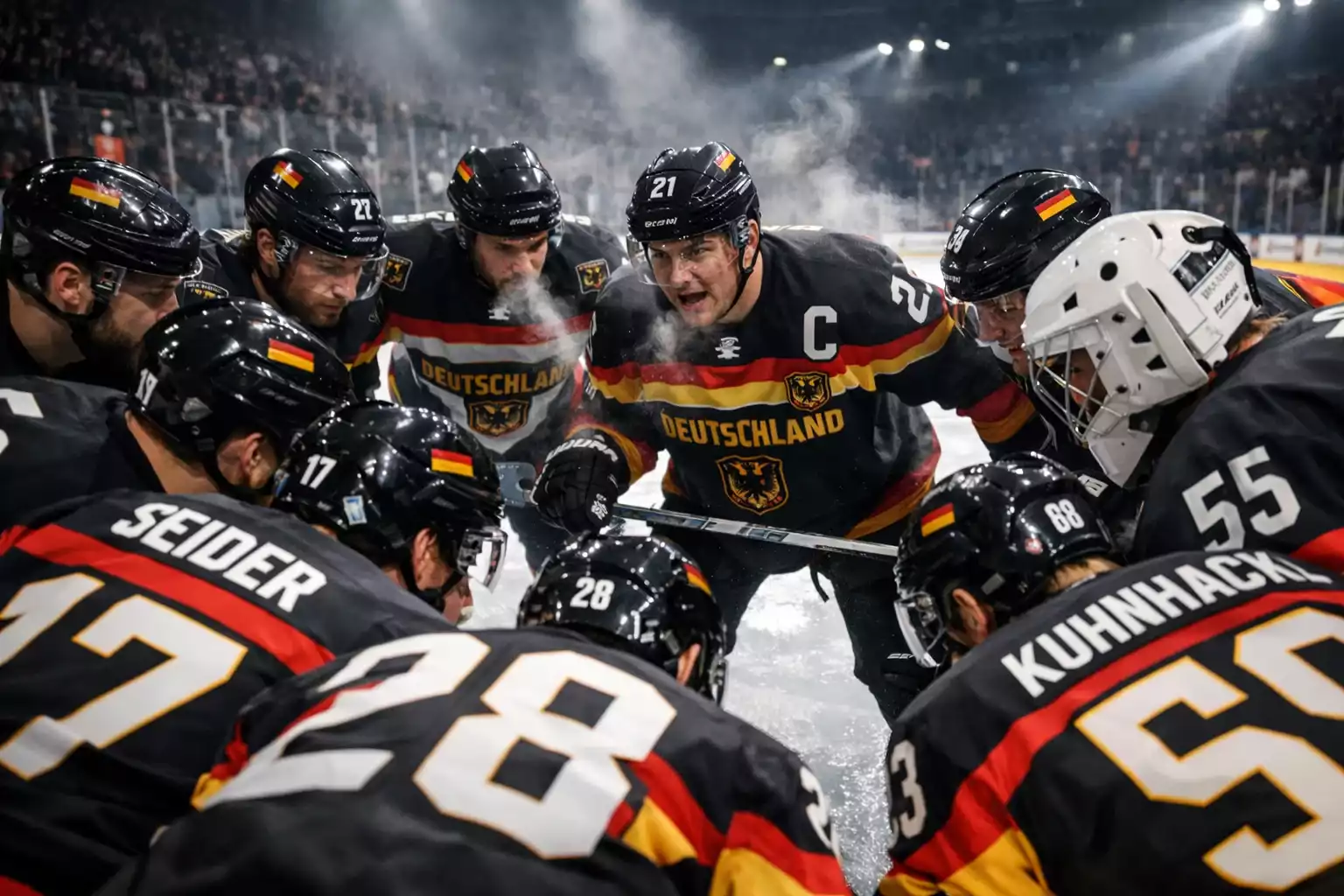 Professionelle Eishockeymannschaft versammelt sich im Teamkreis auf dem Eis