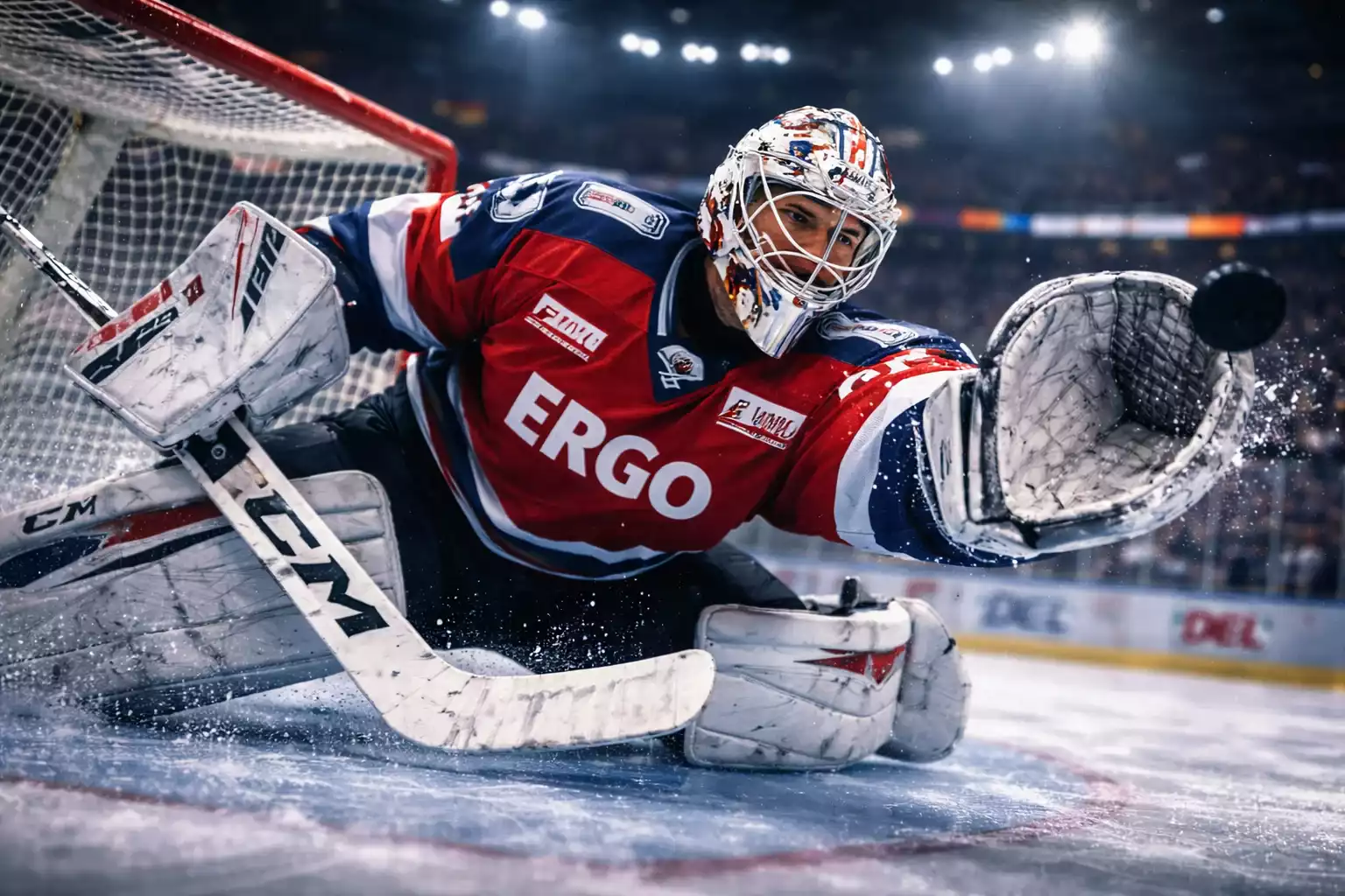 Professioneller Eishockeytorhüter bei einer spektakulären Parade