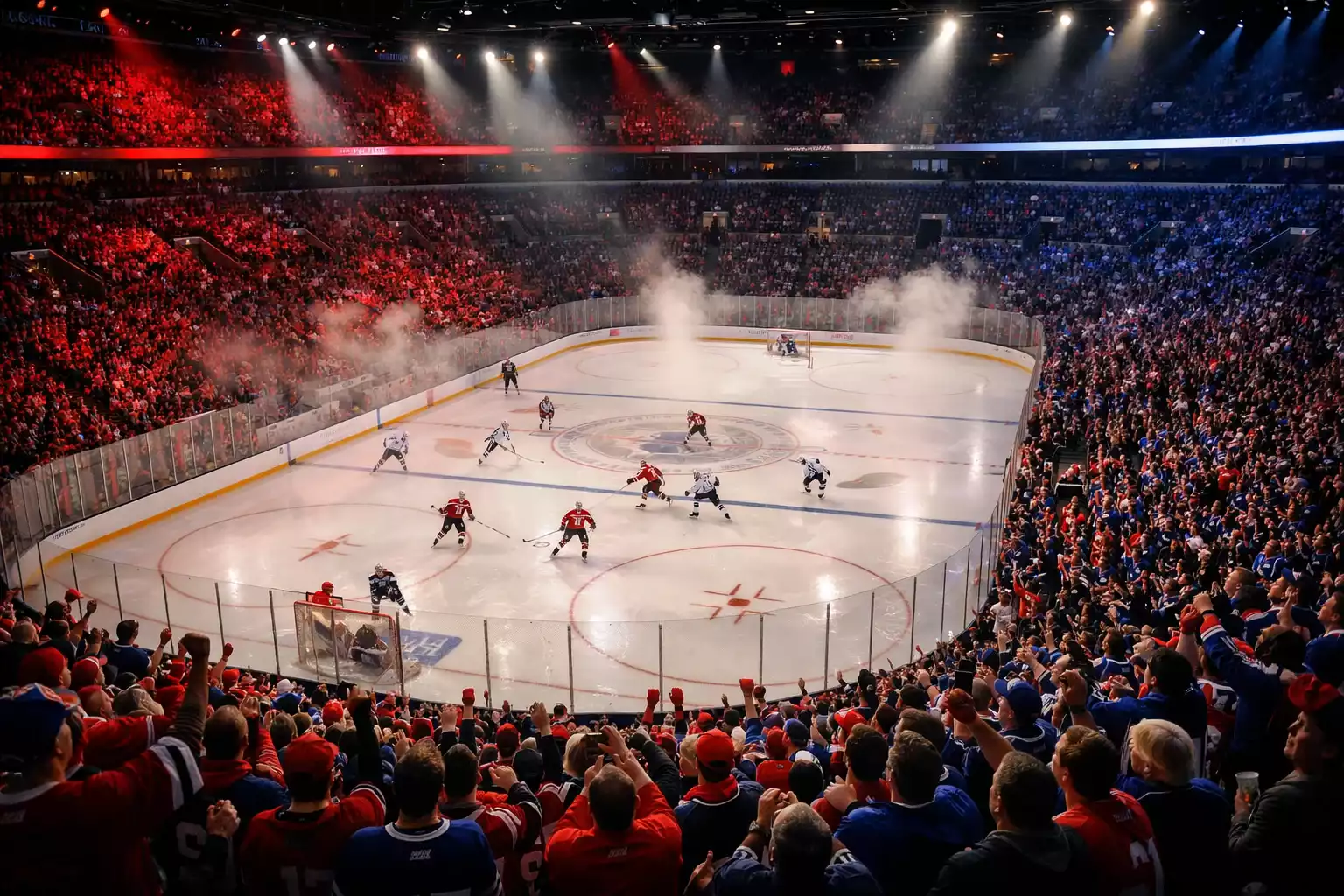 NHL-Arena während eines spannenden Eishockeyspiels mit begeisterten Fans und dramatischer Beleuchtung