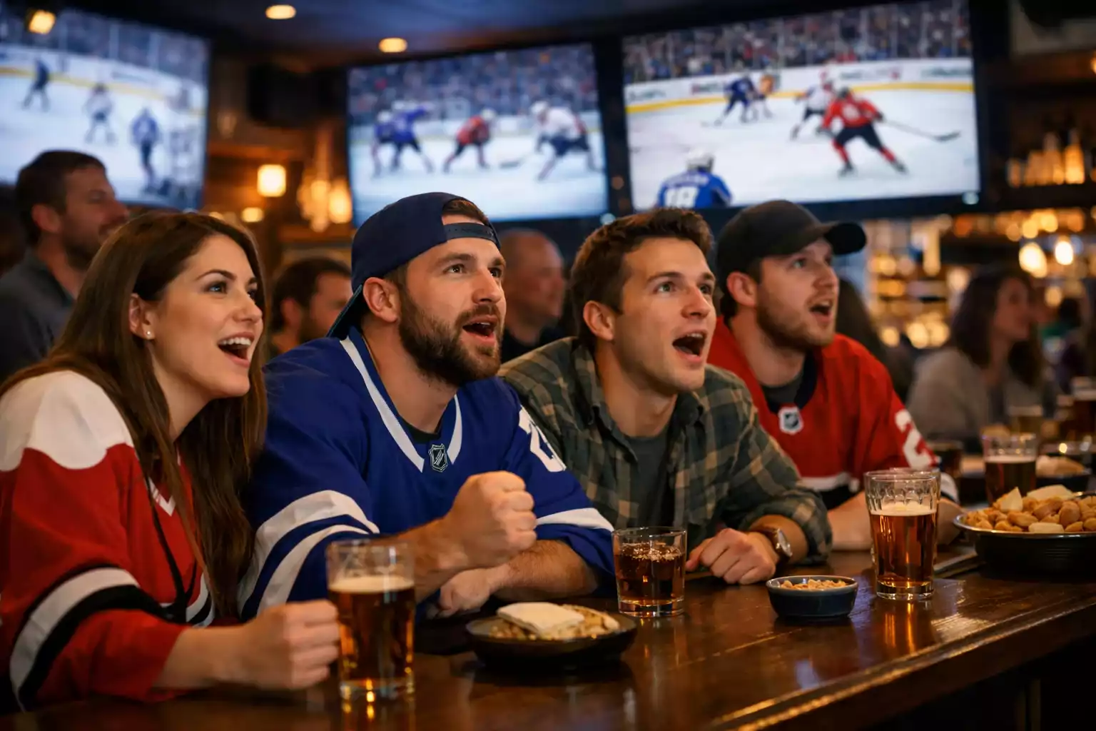 Eishockeyfans verfolgen ein NHL-Spiel gespannt in einer Sportbar