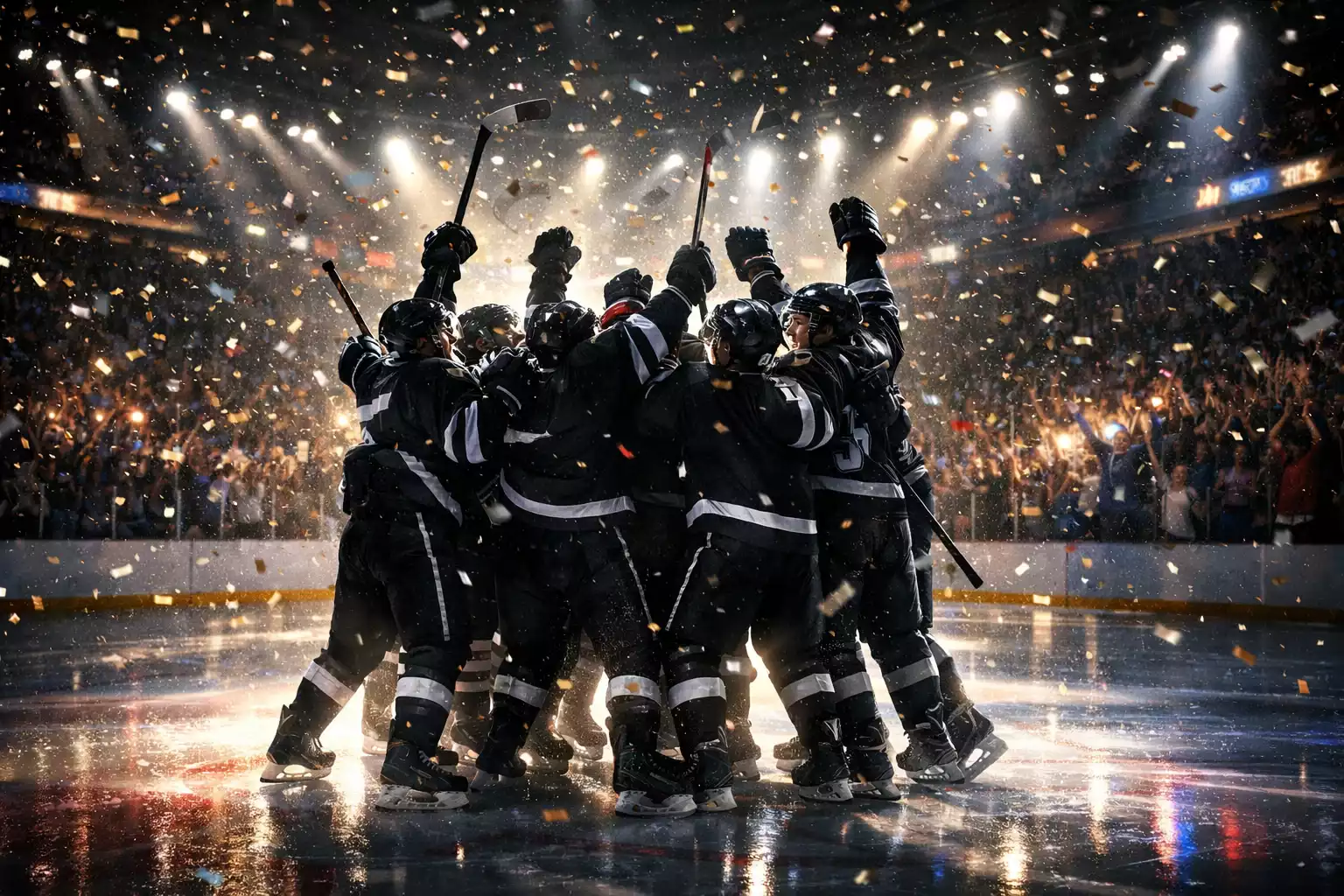 Eishockeymannschaft feiert Playoff-Sieg auf dem Eis mit Konfetti