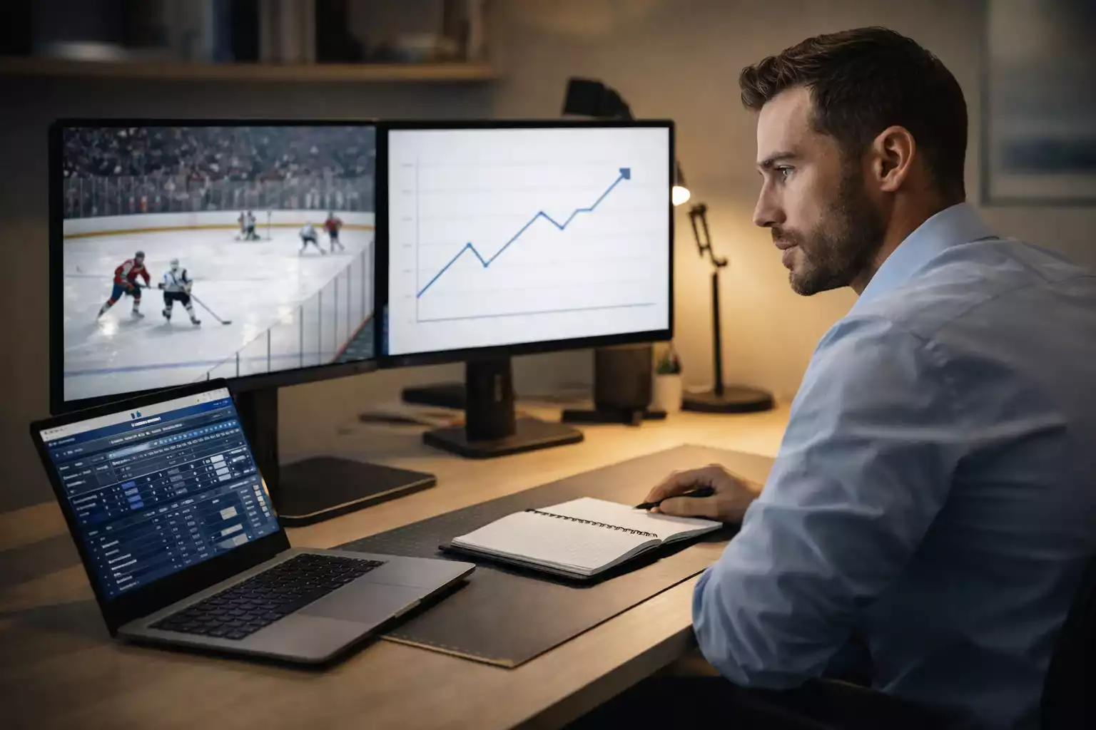 Sportanalyst bei der Auswertung von NHL-Statistiken am Monitor