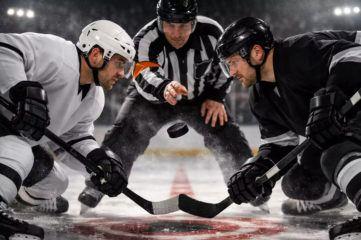 Zwei NHL-Spieler beim intensiven Bully mit Schiedsrichter