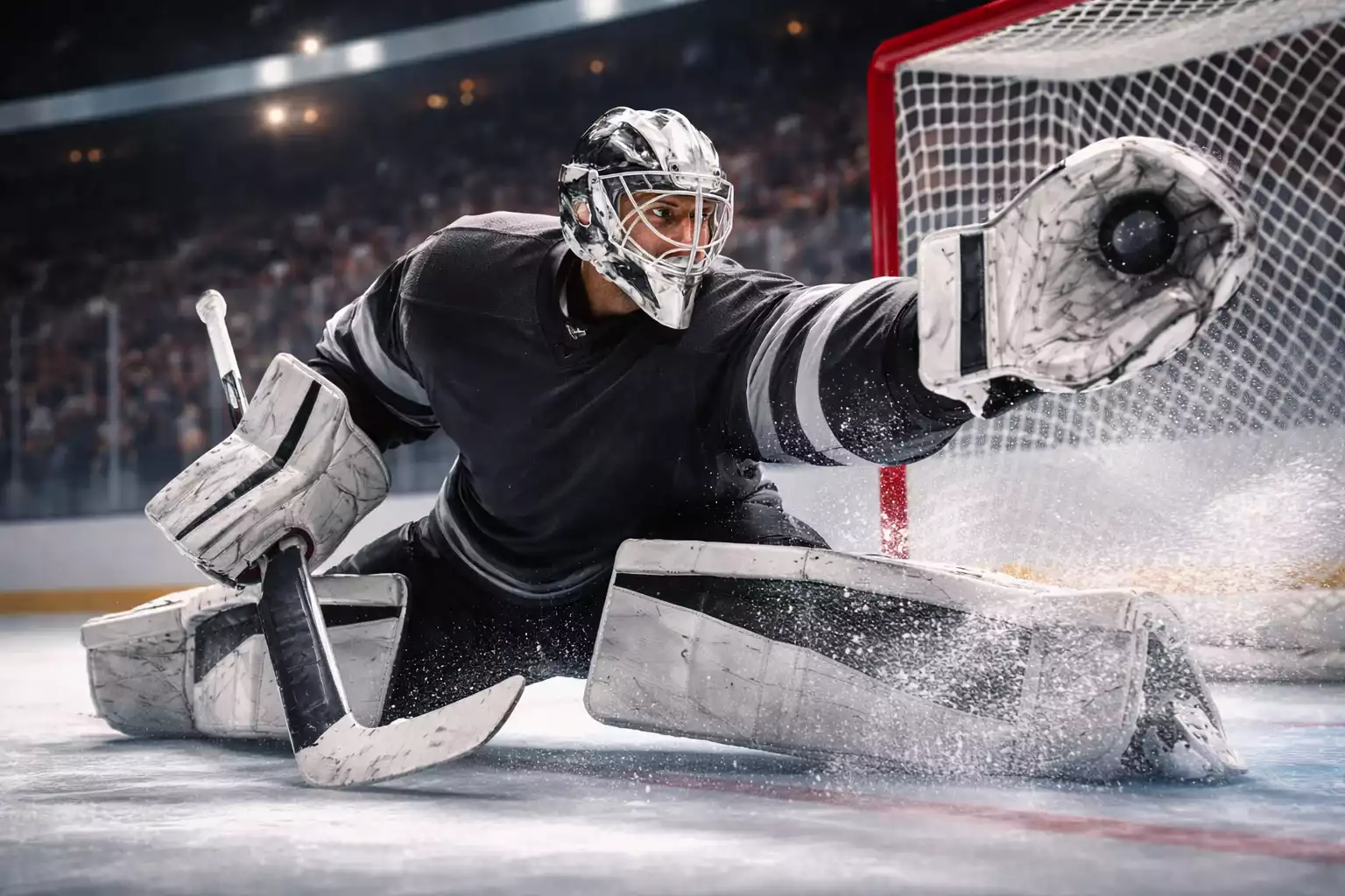 NHL-Torhüter bei einer spektakulären Parade mit Fanghandschuh