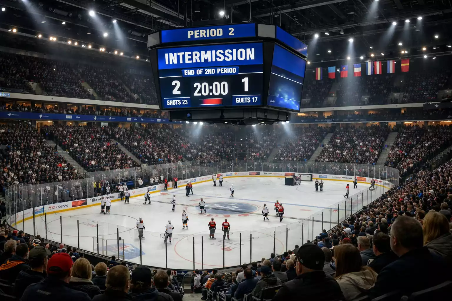 Eishockeyarena mit Anzeigetafel während der Drittelpause