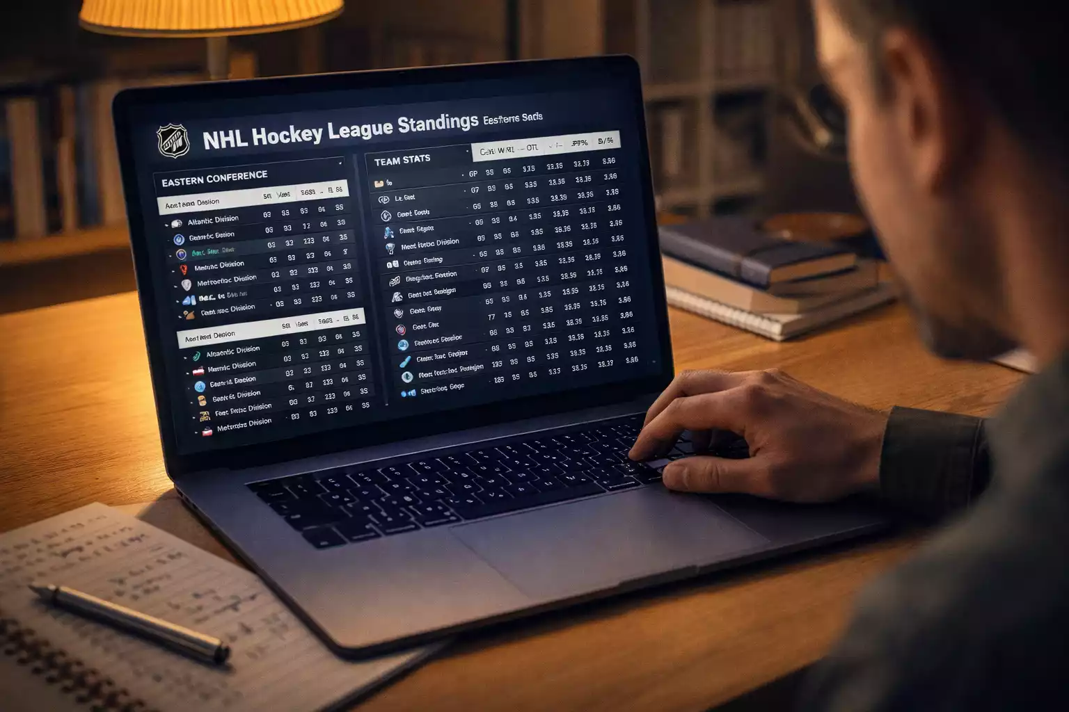 Person analysiert Eishockeystatistiken am Laptop mit Notizen