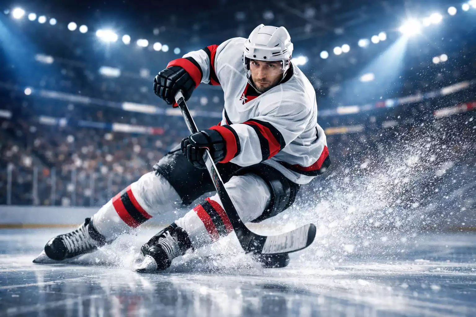 Professioneller Eishockeyspieler in dynamischer Aktion auf dem Eis