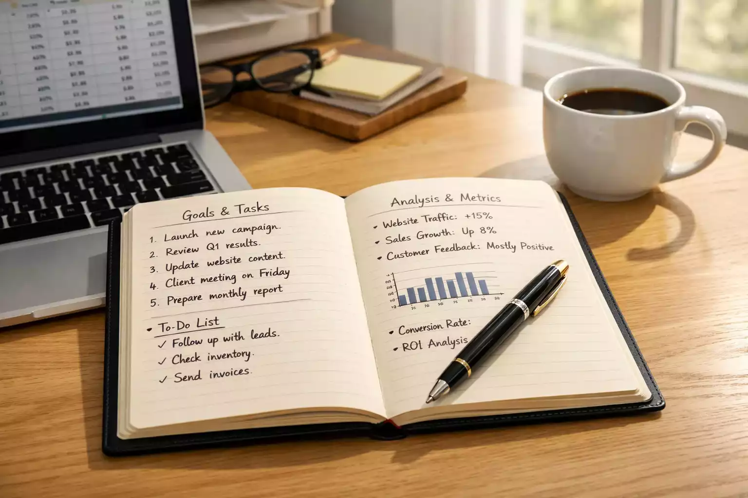 Organisierter Schreibtisch mit offenem Notizbuch und Laptop für systematische Aufzeichnungen