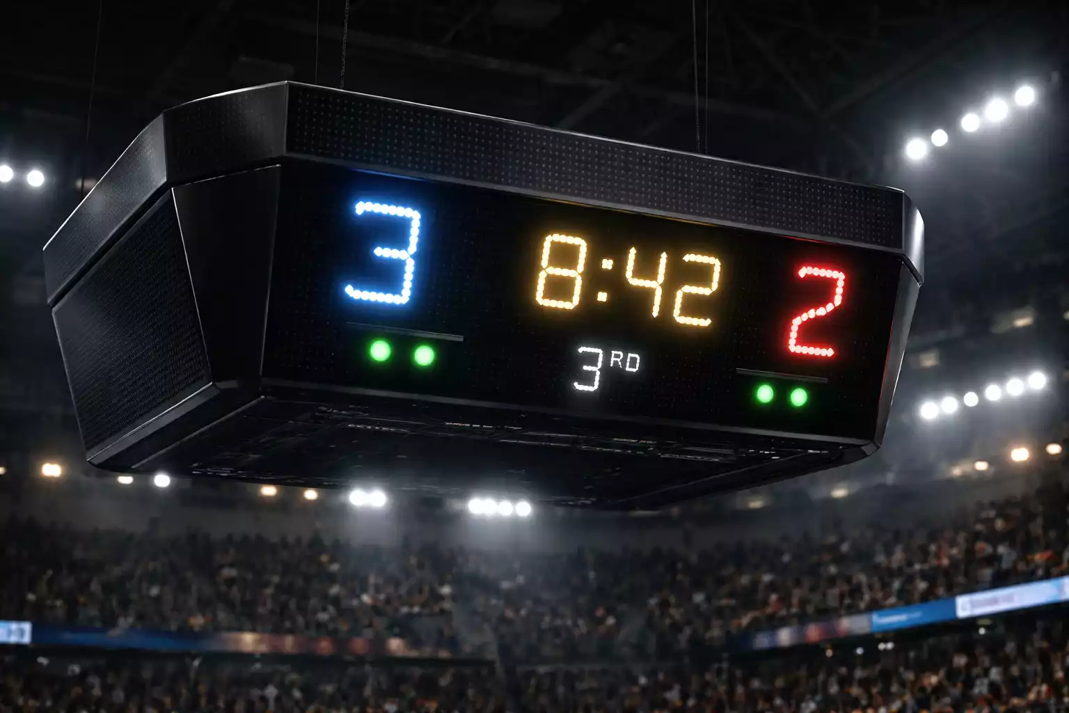 Digitale Anzeigetafel in einer Eishockeyarena mit Spielstand