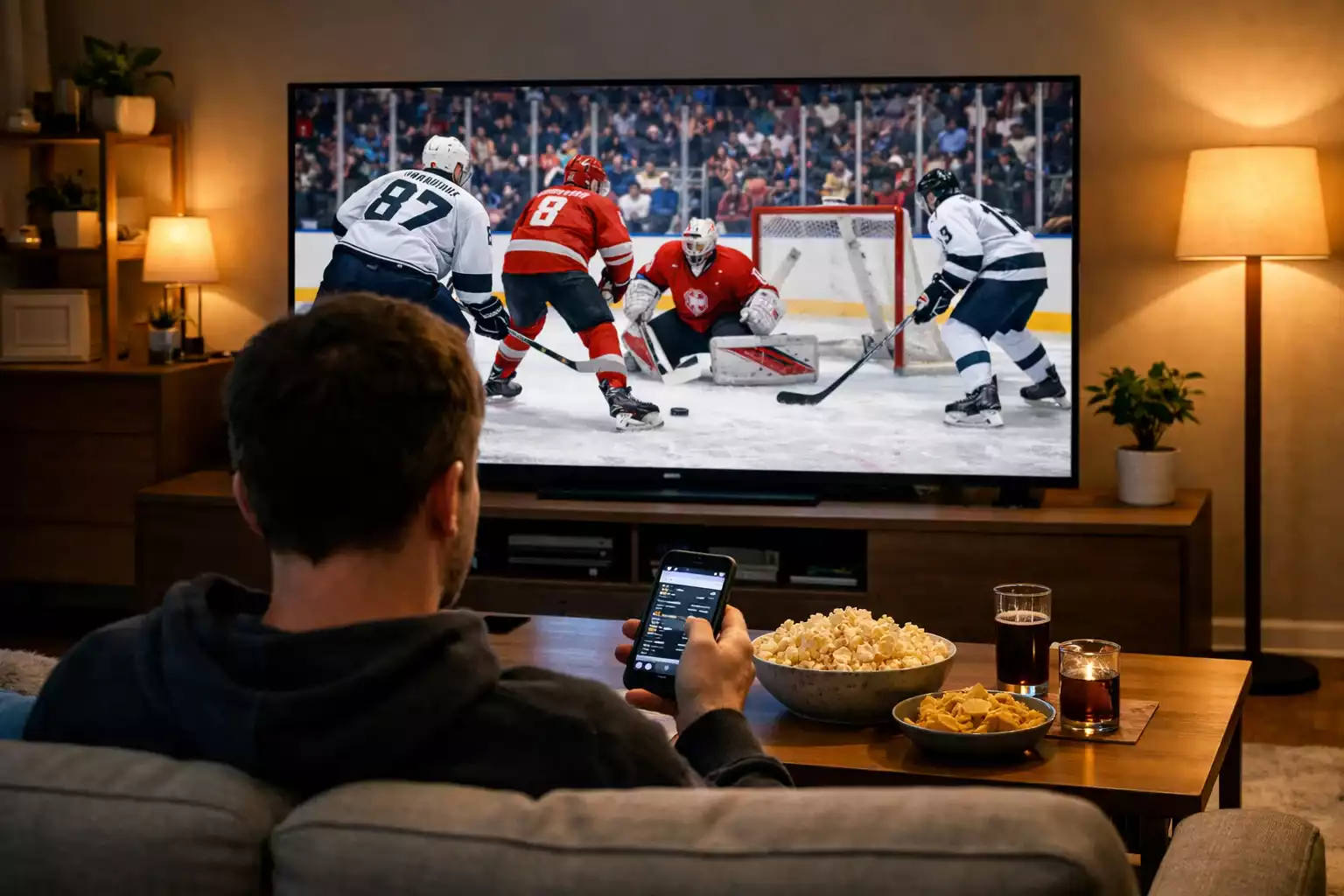 Person schaut Eishockeyspiel auf dem Fernseher zu Hause mit Smartphone in der Hand