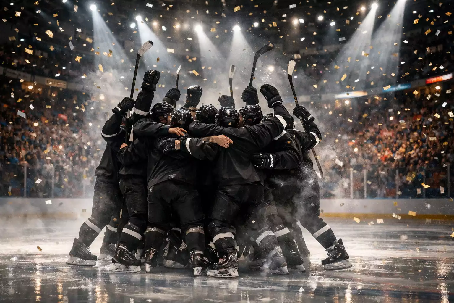 Eishockeymannschaft feiert Playoff-Sieg auf dem Eis mit erhobenen Schlägern