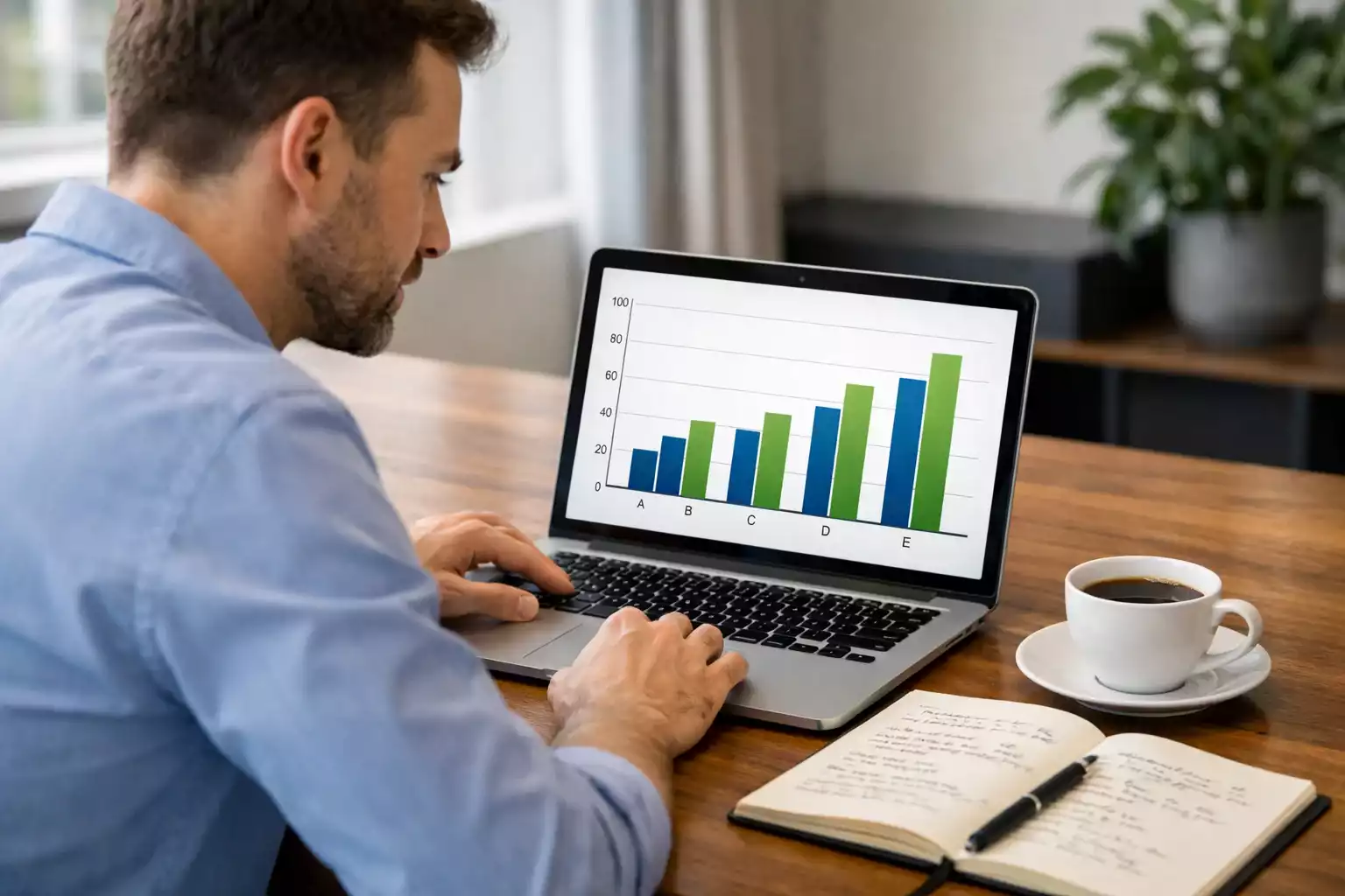 Sportanalyst analysiert Eishockeydaten am Laptop mit Notizbuch