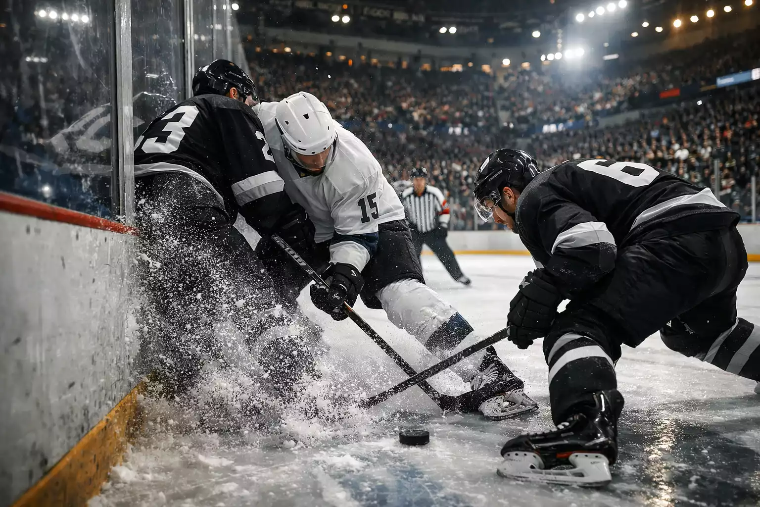 Spannendes Eishockeyspiel mit Spielern im Kampf um den Puck in einer vollen Arena