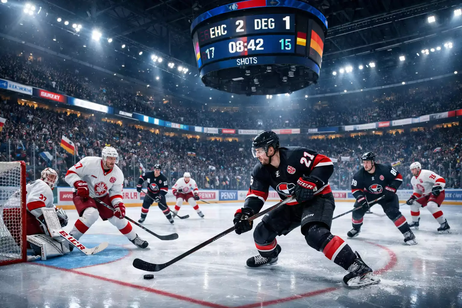 Professionelles Eishockeyspiel in einer modernen Arena mit Spielern in Aktion