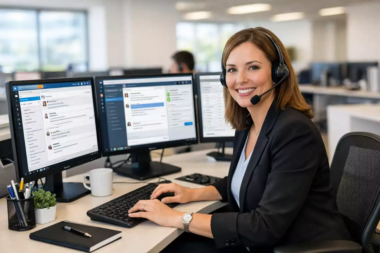 Kundenservice-Mitarbeiter mit Headset an modernem Arbeitsplatz