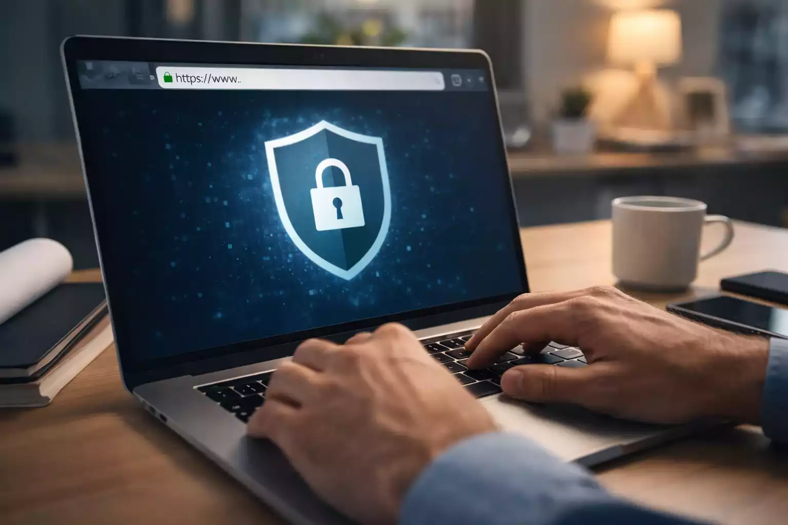 Laptop-Bildschirm zeigt sichere Website mit Sicherheitssymbol im Browser
