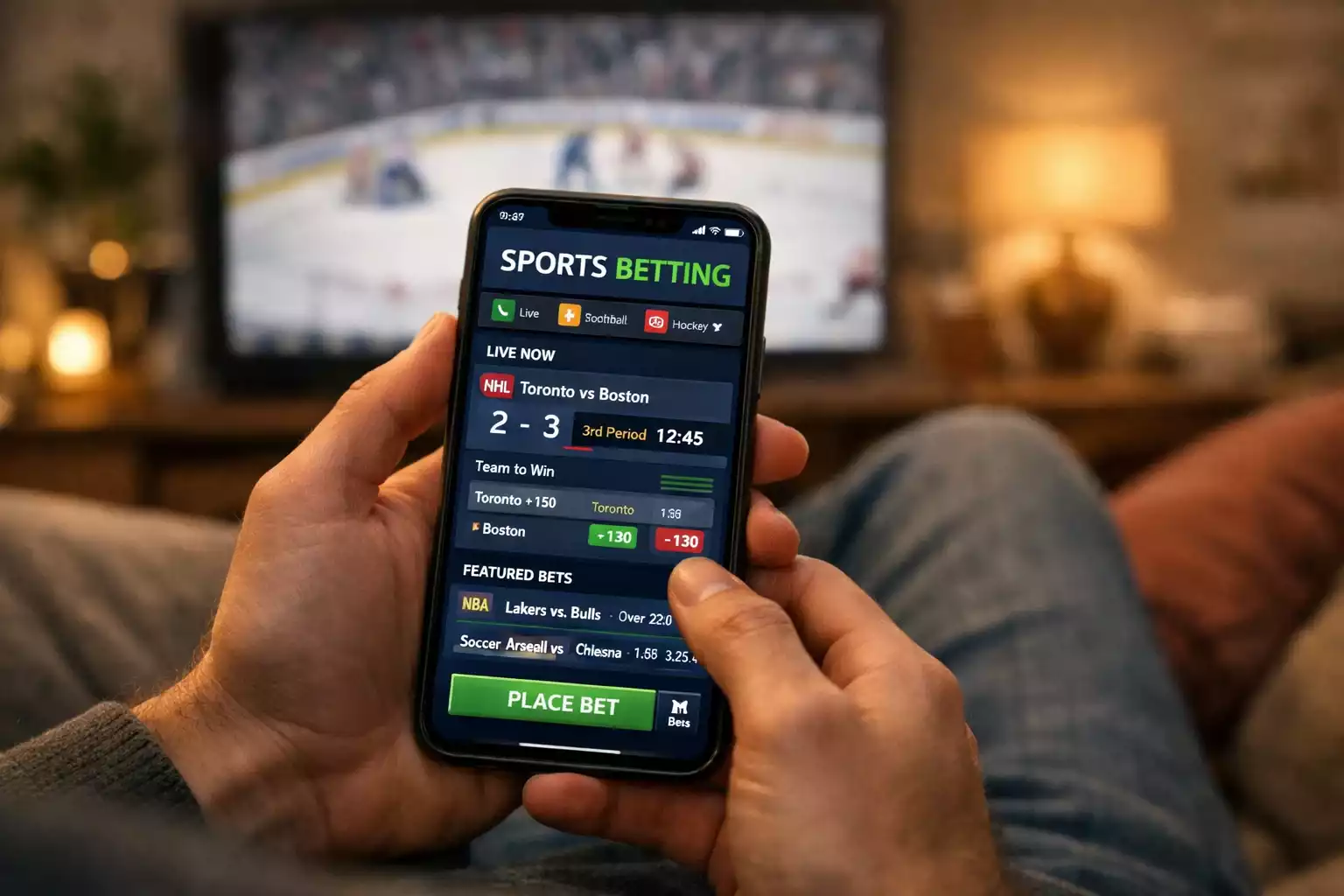 Hände halten Smartphone mit Sport-App im gemütlichen Wohnzimmer