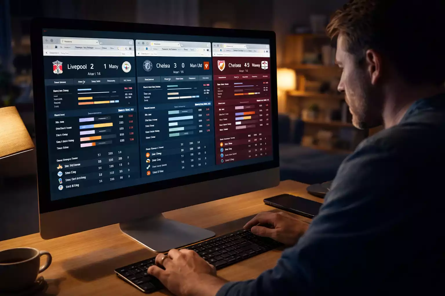 Person vergleicht Daten auf mehreren Browser-Tabs am Computermonitor