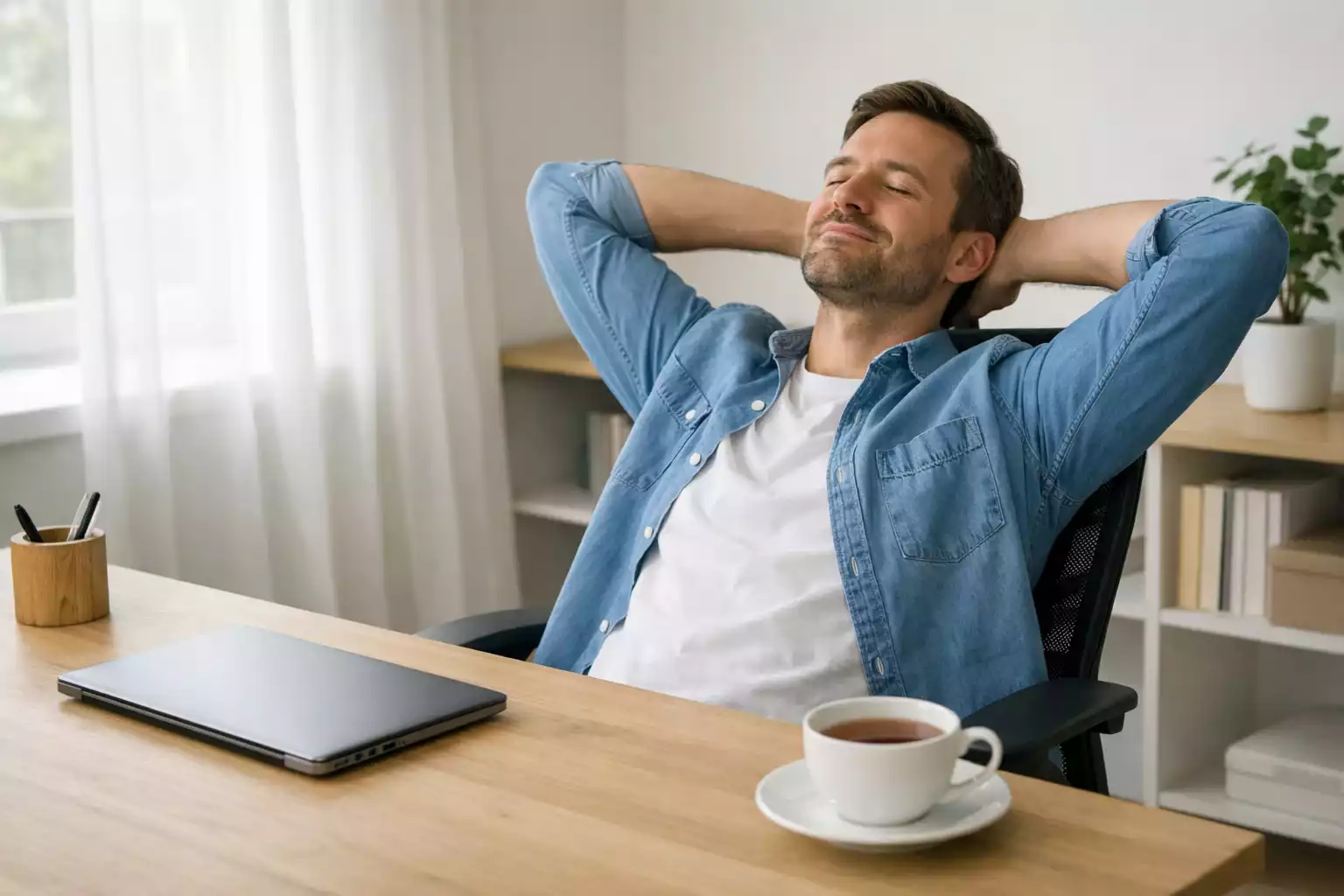 Person macht entspannte Pause vom Computer und symbolisiert verantwortungsvollen Umgang