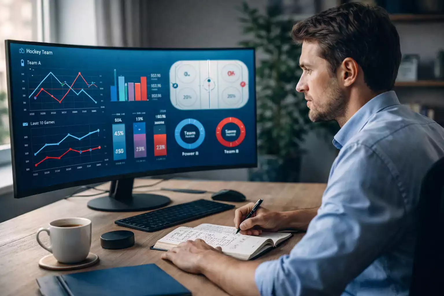 Sportanalyst analysiert Eishockey-Statistiken am Computer