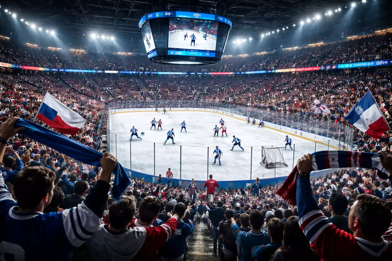 Professionelle Eishockey-Arena mit begeisterten Fans während eines Spiels