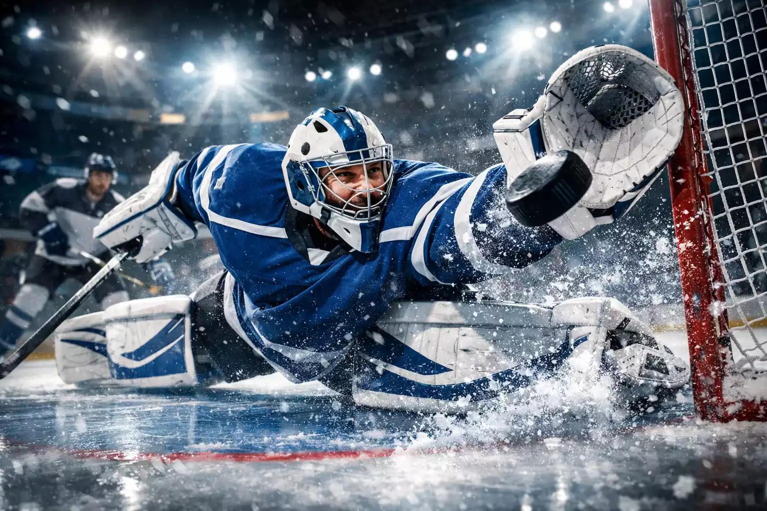 Eishockey-Torwart macht spektakuläre Parade während des Spiels