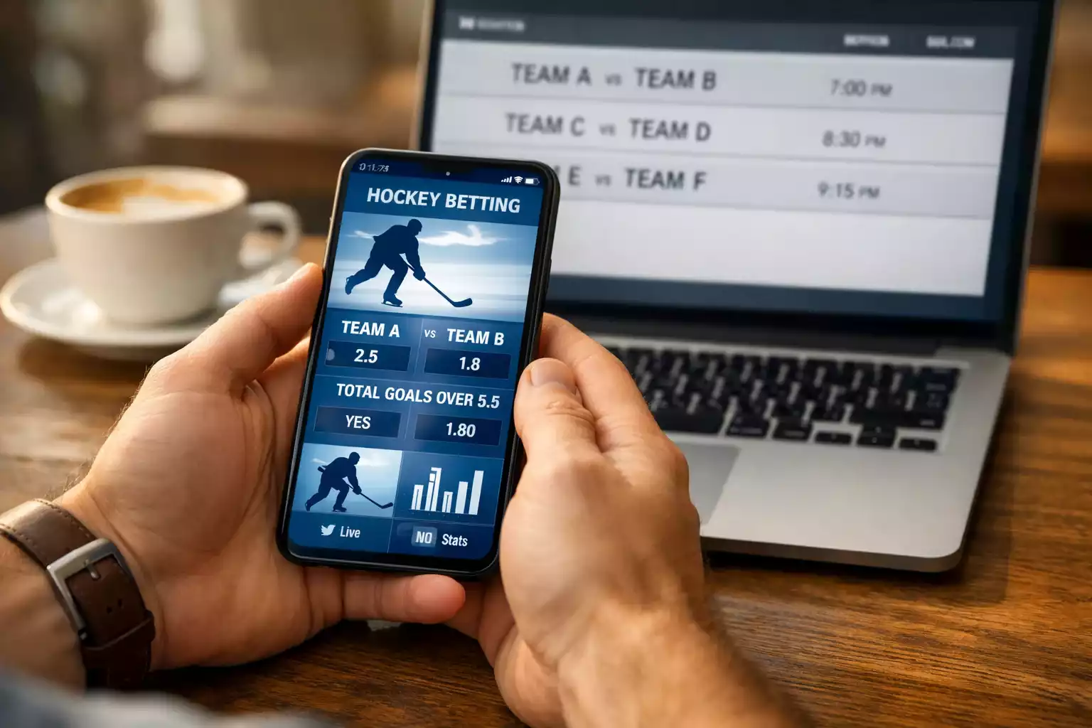 Person nutzt Smartphone und Laptop für Eishockey-Wettanalyse